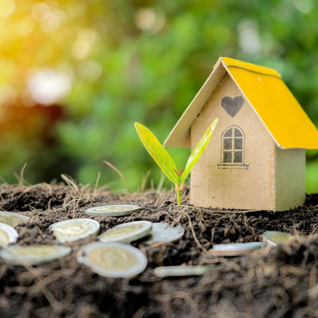 Pièces de monnaie symbolisant l'achat d'un terrain à bâtir