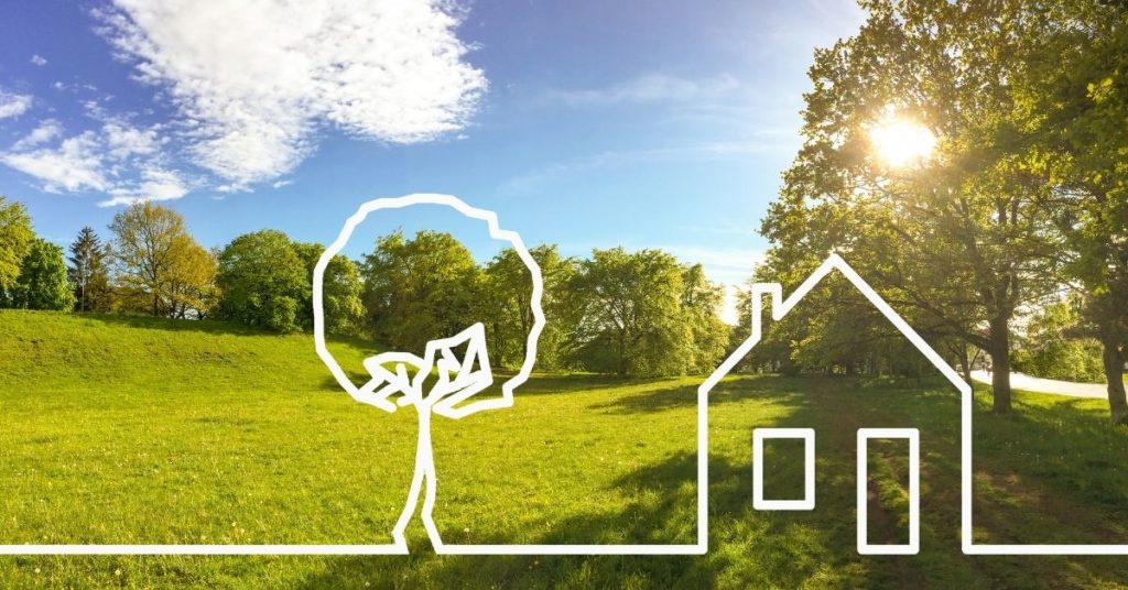 Illustration d’un arbre et d’une maison posés sur un terrain verdoyant